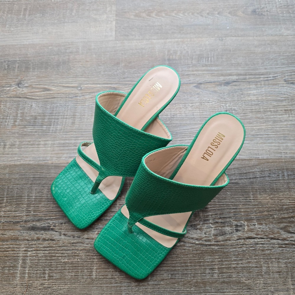 Miss Lola Safia Green Crocodile Embossed Square Toe Stiletto Mules Sandals 9